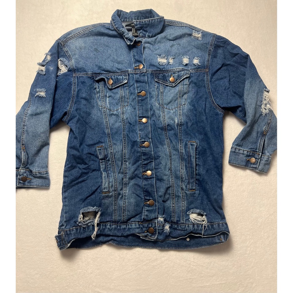 Y2K Forever 21 Medium Denim Jacket Distressed Grunge Blue Button Front Trucker